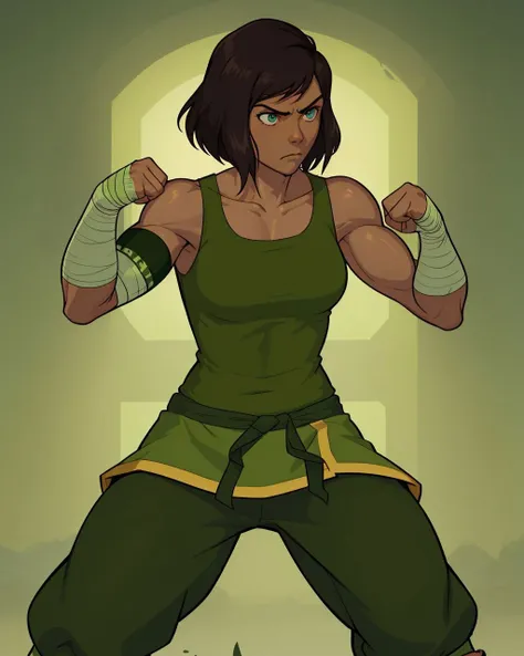 <lora:Korra:0.6>, korra, dark skin, muscular female, short hair, green shirt, green pants, baggy pants, tank top, fighting stance, serious, arena, green armband, bandages, bandaged arm