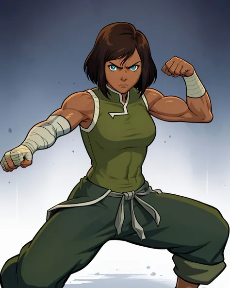 <lora:Korra:0.6>, solo, 1girl, korra, sleeveless, green shirt, green pants, short hair, brown hair, blue eyes, fighting stance, serious, dark skin, muscular female, bandaged arm, bandages