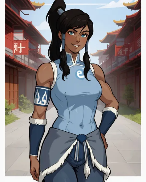 <lora:Korra:0.6>, solo, 1girl, korra, blue shirt, sleeveless, blue pants, baggy pants, pelt, dark skin, blue eyes, high ponytail, hair tubes, smile, forest