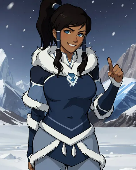 <lora:Korra:0.6>, korra, blue coat, fur coat, blue pants, pelt, long hair, sidelocks, hair tubes, ponytail, smile, ice, snow, glacier, night, dark skin