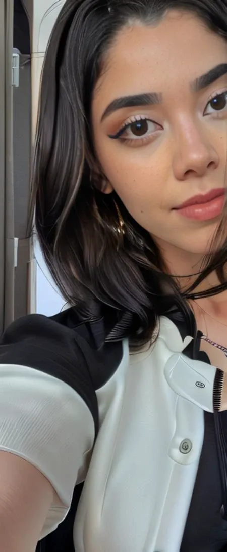<lora:lyndaparraV2-15:1> a woman , woman in a casual suit, taking a selfie, with black hair, pretty face