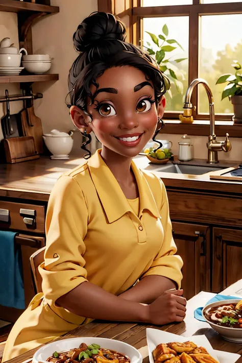 TianaWaifu, dark skin, brown eyes, black hair, hair bun,yellow dress, apron, looking at viewer, smiling, upper body shot, sitting, on chair, inside a cozy kitchen, hand under chin, table full of food, chili, high quality, masterpiece, <lora:Tiana_character:.6>