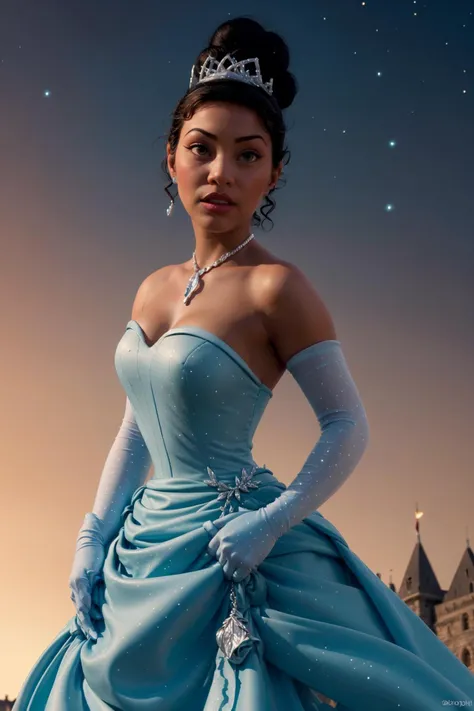 photo of a beautiful woman, (skinny:1.2), fit, detailed hair, detailed face, beautiful eyes, perfect skin,
((very dark skin, hair bun), (strapless dress, blue dress, long skirt, princess, necklace, elbow gloves, tiara)),
(blurred castle background, night sky, stars), (dynamic pose, dynamic angle:1.2),
erotic, elegant, sensual, seductive, (masterpiece, best quality), (photorealistic:1.4), full body, perfect illumination, (best shadow),
tianawaifu, <lora:Tiana_character:0.9>