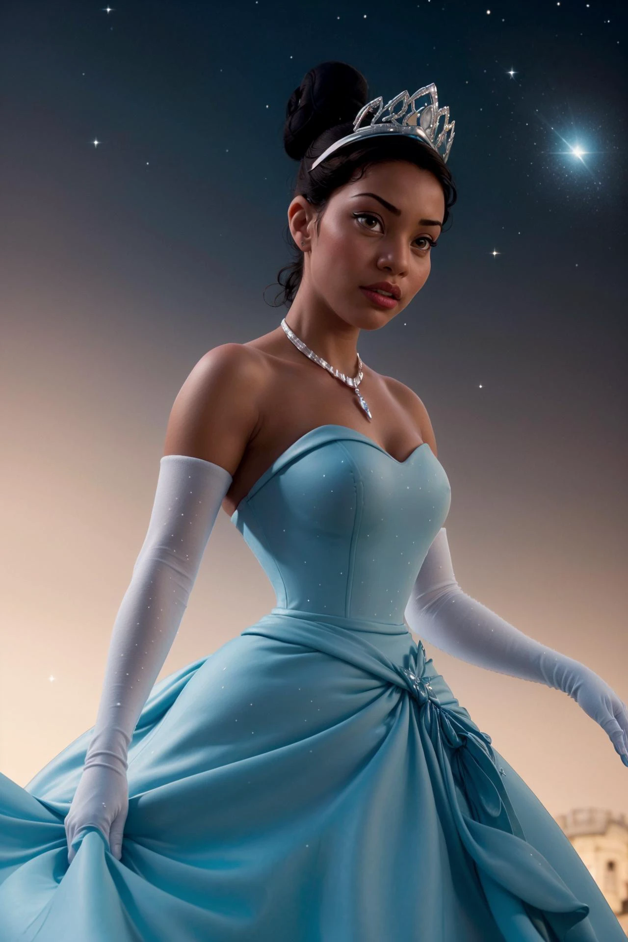 photo of a beautiful woman, (skinny:1.2), fit, detailed hair, detailed face, beautiful eyes, perfect skin,
((very dark skin, hair bun), (strapless dress, blue dress, long skirt, princess, necklace, elbow gloves, tiara)),
(blurred castle background, night sky, stars), (dynamic pose, dynamic angle:1.2),
erotic, elegant, sensual, seductive, (masterpiece, best quality), (photorealistic:1.4), full body, perfect illumination, (best shadow),
tianawaifu, <lora:Tiana_character:0.9>