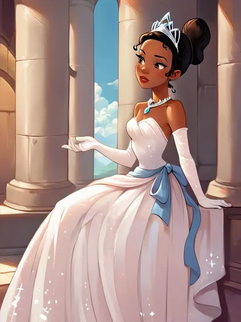 score_7_up, score_8_up, score_9, masterpiece, perfect face, perfect hands, high quality, 1girl, solo, <lora:TianaXLP_character:1> TianaXLP, hair bun, dark-skinned female,() castle, strapless dress, white dress, long skirt, princess, necklace, elbow gloves, tiara,