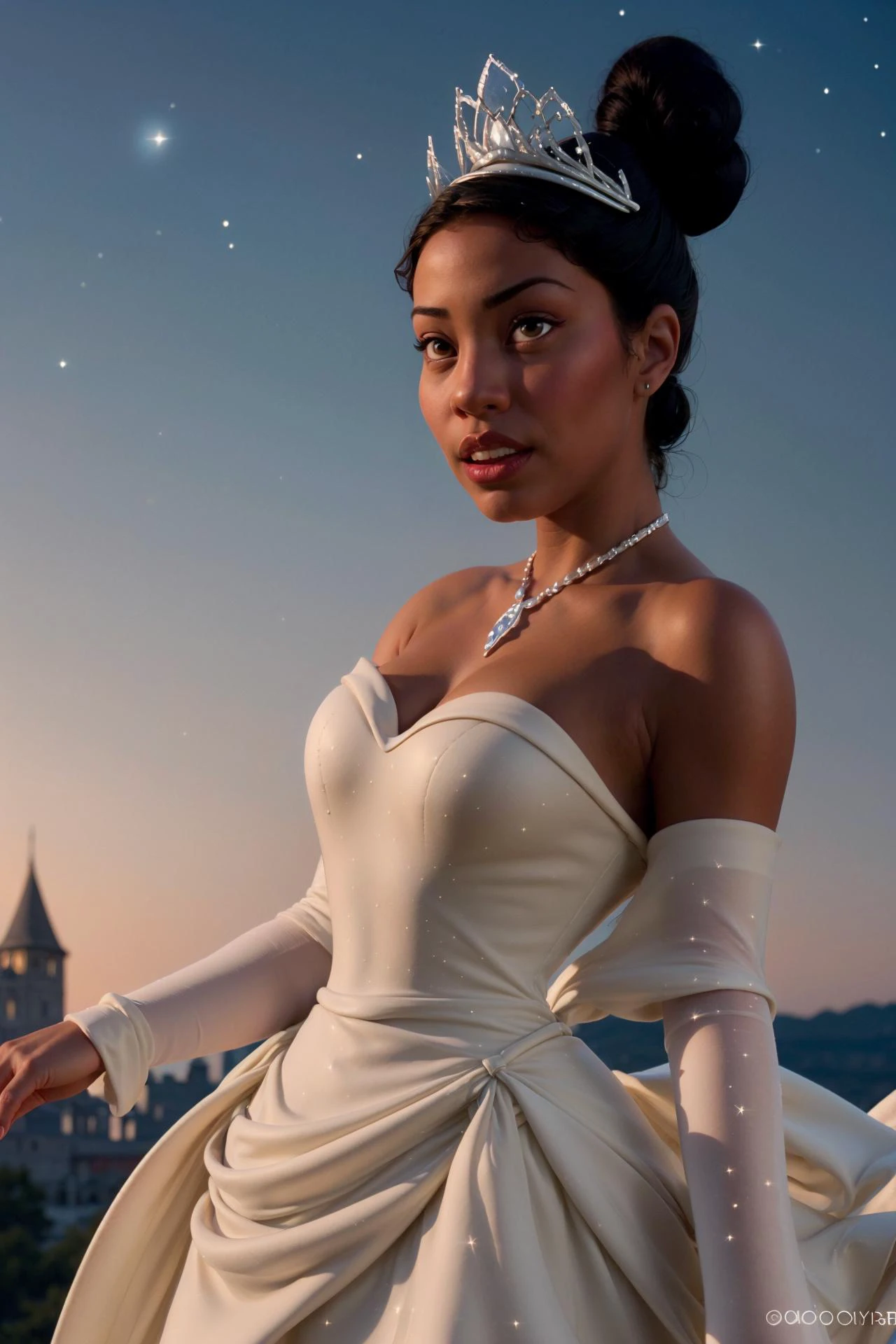 photo of a beautiful woman, (skinny:1.2), fit, detailed hair, detailed face, beautiful eyes, perfect skin,
((very dark skin, hair bun), (strapless dress, white dress, long skirt, princess, necklace, elbow gloves, tiara)),
(blurred castle background, night sky, stars), (dynamic pose, dynamic angle:1.2),
erotic, elegant, sensual, seductive, (masterpiece, best quality), (photorealistic:1.4), full body, perfect illumination, (best shadow),
tianawaifu, <lora:Tiana_character:0.9>