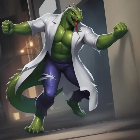solo<lora:the lizard:1>open (white) coat,the lizard,tail,tattered (purple) pants,standing,street,green scales,green skin,green body,yellow eyes, slit pupils,long tongue,brute,ultra realistic, ultra intricate,detailed scales,rough scales,sharp teeth,muscular male,by null-ghost,white claws,barefoot,looking at viewer,bare chest,