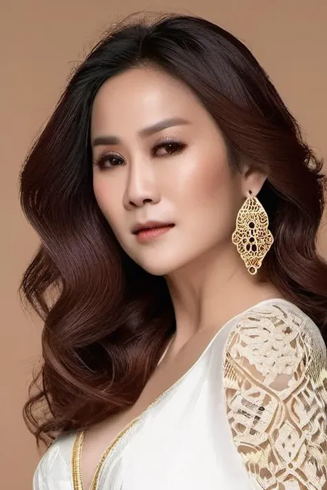 <lora:tantern-000003:1> tantern, A portrait of a woman with a wavy locks framing her face. Her fair skin is complemented by soft, natural makeup, light brown eyes. Accent her look with small gold filigree earrings. She wears a white lace garment with a detailed pattern on the sleeves. The background should be neutral, subtly highlighting her elegance. vivid color