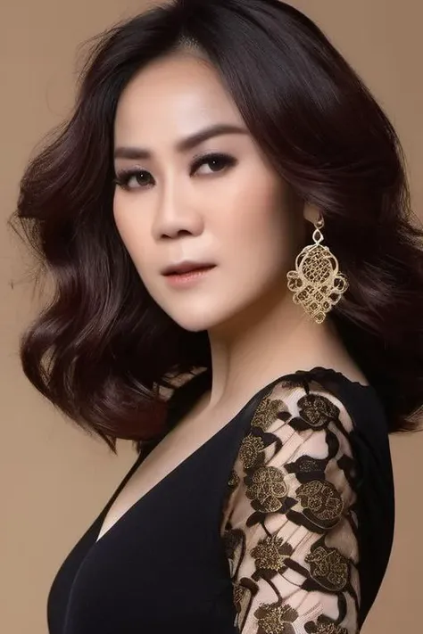 <lora:tantern-000003:1> tantern, A portrait of a woman with a wavy locks framing her face. Her fair skin is complemented by soft, natural makeup, light brown eyes. Accent her look with small gold filigree earrings. She wears a black lace garment with a detailed pattern on the sleeves. The background should be neutral, subtly highlighting her elegance. vivid color