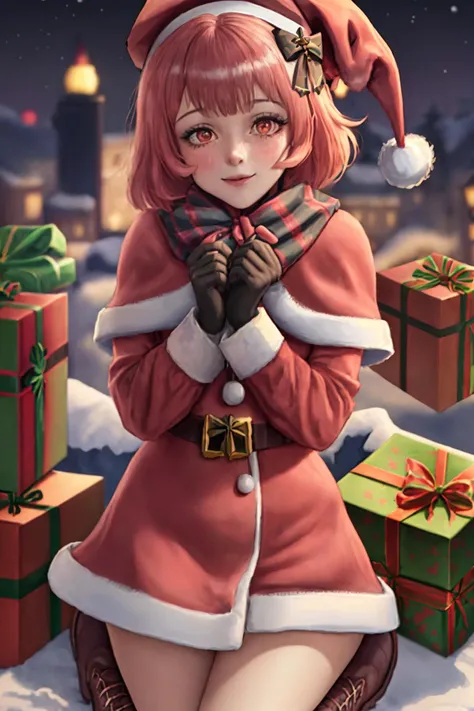 gift, stuffed animal, fringe trim, serina \(christmas\) \(blue archive\), red headwear, sky, naga u, full body, hat, blush, boots, (santa hat:1.3), looking at viewer, plaid, holding,gift box, official alternate costume, bow, brown scarf, highres, pink eyes, fur-trimmed dress, depth of field, night, bell <lora:serina_bluearchive:1>