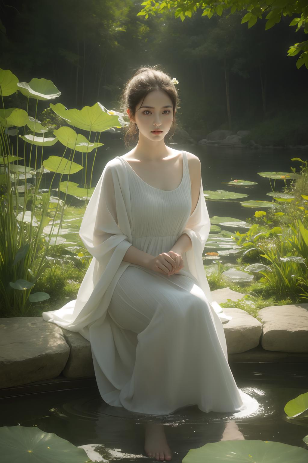 A woman in a white dress sitting on a rock in a pond - SeaArt AI
