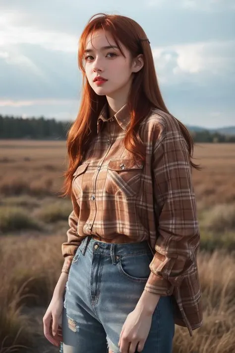 large format photo of a woman, (glowering face expression), copper hair, plaid flannel shirt with distressed boyfriend jeans, cowboy shot, under radiant god rays, sky level, shot on a film grain