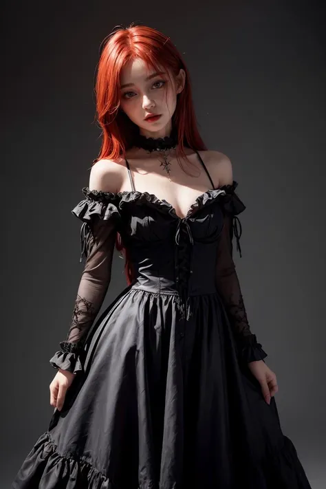 (masterpiece, best quality), 1girl, red hair, medium chest, gothic frill dress, pervert face, <lora:add_detail:1>