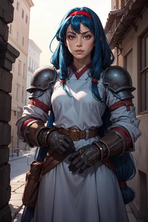 (masterpiece, best quality, 4k, detailed, intricate, realistic),cinematic angle,1girl,anastasia,blue hair, red hairband, hair tubes, sidelocks, low-tied long hair, very long hair, armored dress, gloves, belt,red eyes <lora:anastasiavaleria-wa-richy-v1:1>