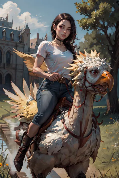 (masterpiece, best quality, 4k, detailed, intricate, realistic),outside,field, chocobo,riding chocobo,nevin,red eyes,choker,white shirt,happy  <lora:Nevin:0.8> <lora:chocobo-nvwls-v1:0.8>