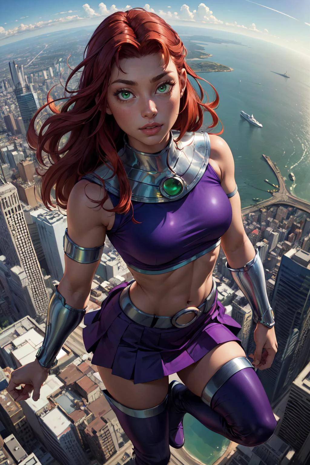 (masterpiece, best quality, 4k, detailed, intricate, realistic),floating in midair,above city,from above,fisheye lens,starfire,orange skin, red hair,gorget, crop top, armlet, vambraces, midriff, skirt, purple skirt, thigh boots,green eyes <lora:starfire-guy-v2:0.8>