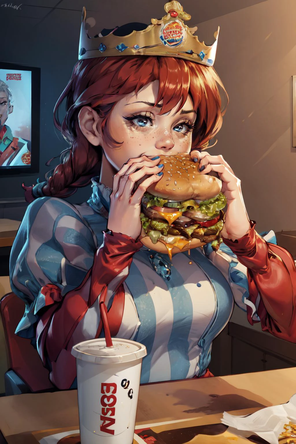 (masterpiece, best quality, 4k, detailed, intricate, realistic), two-handed burger,holding a huge burger with both hands, eating,close-up,pov across table,bkcrown,ffwendys,twin braids, hair bow,striped dress, striped sleeves, puffy sleeves, <lora:fastfood_wendys:0.9> <lora:attire_burgerkingcrown:1> <lora:borger-nvwls-v4:0.8>