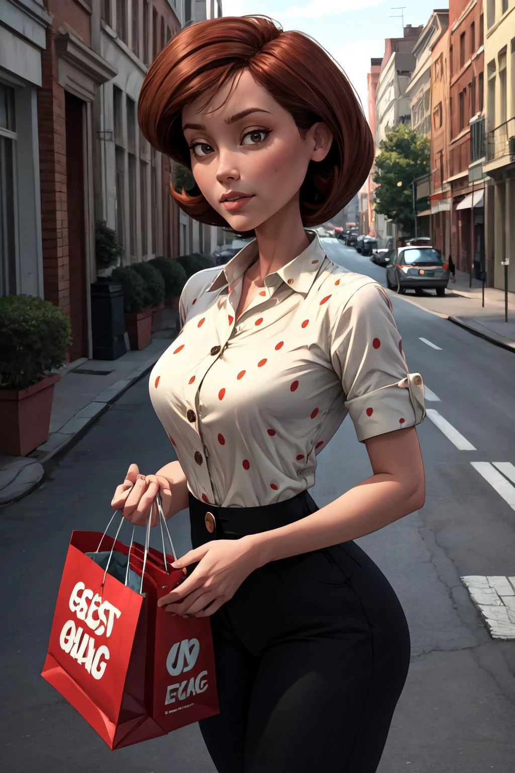 (masterpiece, best quality, 4k, detailed, intricate, realistic),outside,street,holding groceries,helenparr,polka dot, collared shirt, dress shirt, buttons, black pants <lora:helenparr-guy-v3:0.8>