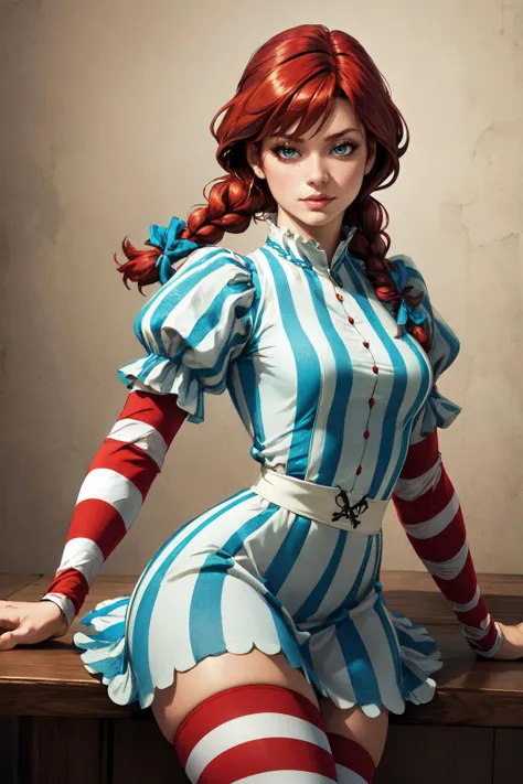 (masterpiece, best quality, 4k, detailed, intricate, realistic),smug, ffwendys, twin braids, hair bow,striped dress, striped sleeves, puffy sleeves, striped thighhighs <lora:fastfood_wendys:0.8>