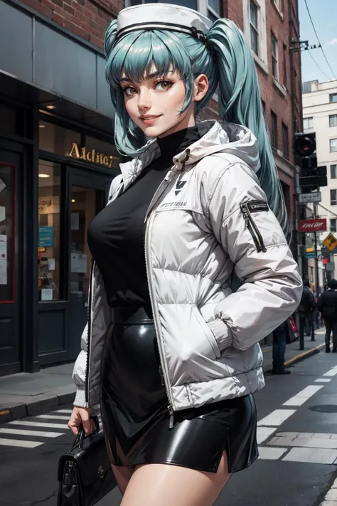 (masterpiece, best quality, 4k, detailed, intricate, realistic),solo,outside,street,grin,privatycasual, twintails, very long hair, white headwear, white jacket,puffy jacket, black sweater, black skirt <lora:privaty-nikke-richy-v2:0.9>