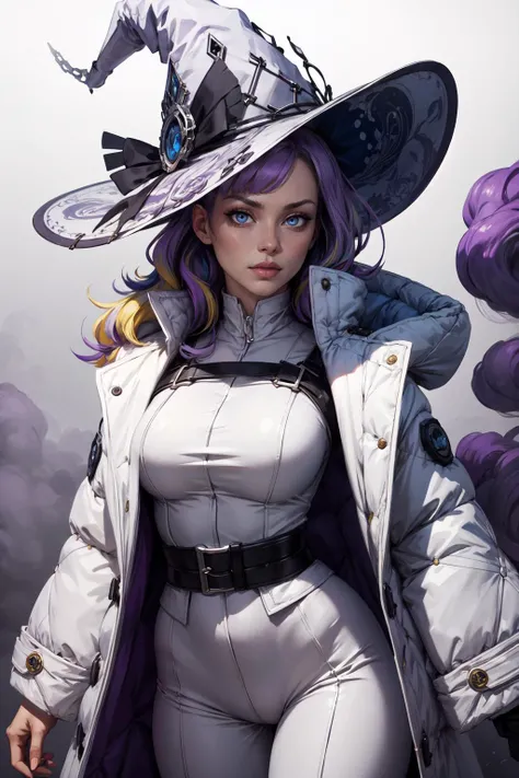best quality, highly detailed, 8K RAW photo, prostration, <lora:diabellze-ygo-richy-v1:.95> diabellze, blue eyes, blonde hair, purple hair, multicolored hair, witch hat, white coat, lingerie, Construct a collage of chaotic color fragments, with overlapping layers, torn edges, and spontaneous arrangements that create an abstract and dynamic composition