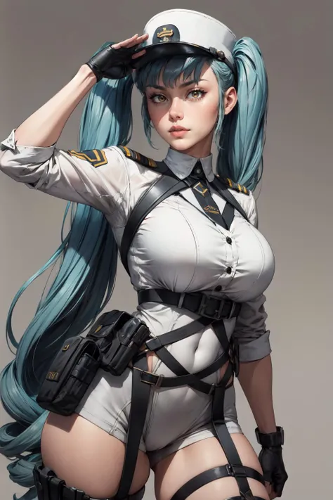 (masterpiece, best quality, 4k, detailed, intricate, realistic), simple background,privatydef, twintails, very long hair, peaked cap, military uniform, harness, thigh strap, black thigh boots,salute,serious <lora:privaty-nikke-richy-v2:0.9>