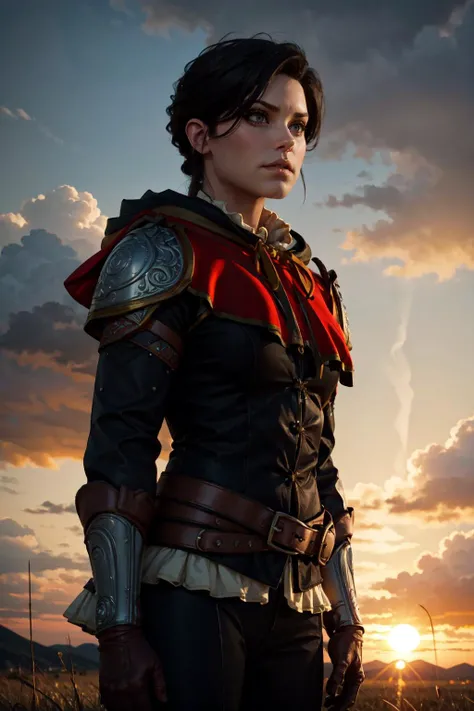 (masterpiece, best quality, 4k, detailed, intricate, realistic),cinematic angle,dramatic lighting,outside,field,grass,wind,sunset,syanna,black suit, shoulder armor, long sleeves, gloves,grey eyes,red capelet <lora:Syanna:0.8>