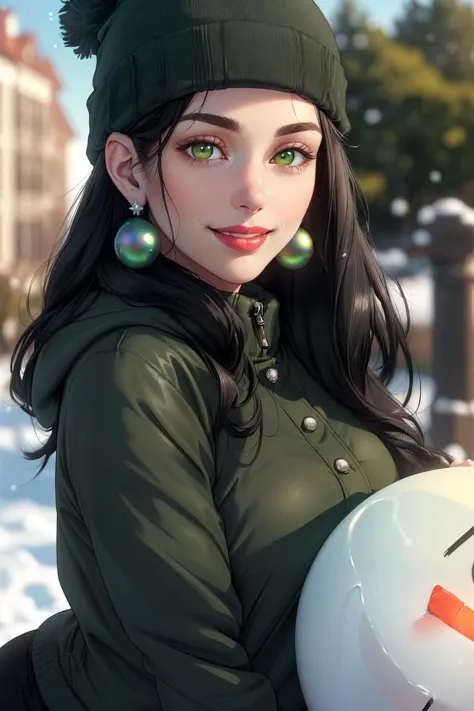 (soft render, semi-realistic, soft shading, blurry 3d render), a happy woman, straight black hair, kind face, smile, oversized jacket, beanie, soft green eyes, gentle gaze, red lips, shiny earrings, soft realistic skin, subsurface scattering, outdoors, outside, snowman in the background