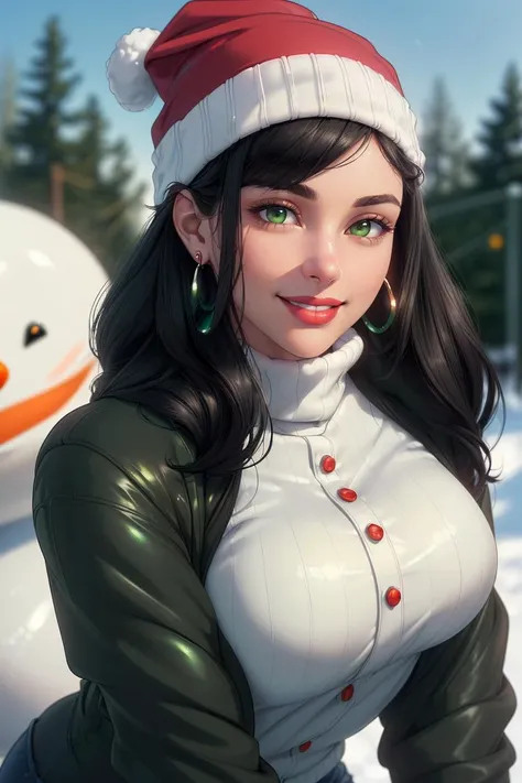 Isabela Merced, smiling, (big breasts), bob_cut hair, cleavage, black snow outfit, bending forward, (full bodyshot), shuffeling snow, (skin texture:1.1) , (high detail face:1.1), high detail body, high detail clothes), (realistic), ultra high definition, 4k, ultra high resolution