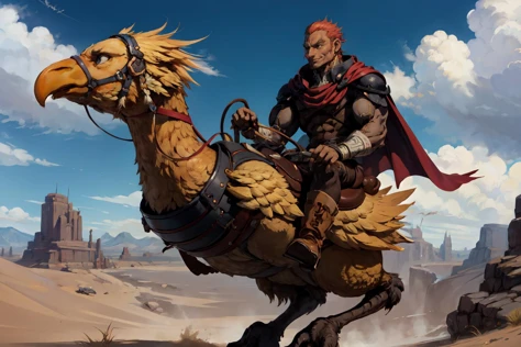 (masterpiece, best quality, 4k, detailed, intricate, realistic),dynamic pose,wind gust,chocobo,riding chocobo,outside,desert,solo,male focus,ganondorf,dark skin,muscular,furrowed brow,grin,earrings,armor,cape,boots  <lora:chocobo-nvwls-v1:1> <lora:ganondorf-nvwls-v1:0.8>