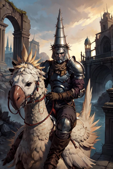 (masterpiece, best quality, 4k, detailed, intricate, realistic),outside,ruins,twilight,chocobo,riding chocobo,male focus,penitentonedef,helmet, stone face, faceless, armor, full armor, shoulder armor, brown gloves <lora:chocobo-nvwls-v1:1> <lora:sppenitentOne:0.8>