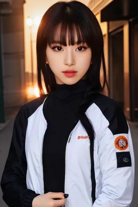 best quality, masterpiece, ultra high res, (photorealistic:1.4), son1 a woman, light eye makeup, looking at the viewer, half body photo, (black longsleeves jacket), at the streets, sunset, <lora:httpsonchae:1:lbw=FACES>