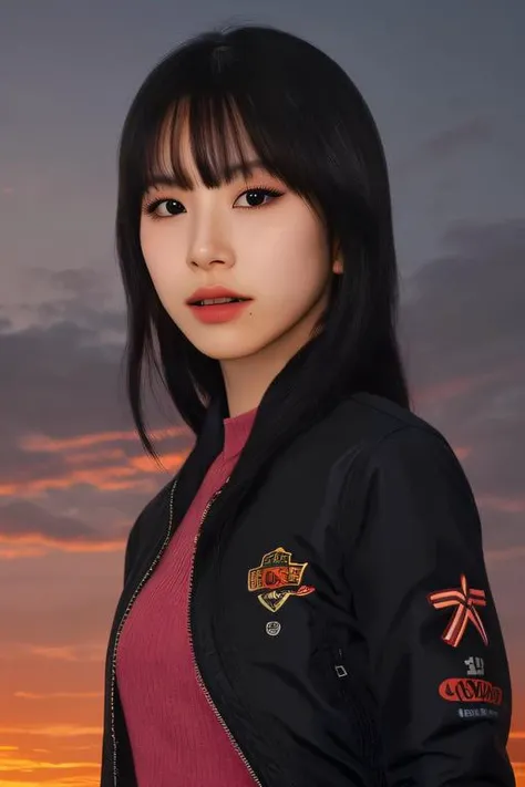 best quality, masterpiece, ultra high res, (photorealistic:1.4), son1 a woman, light eye makeup, looking at the viewer, half body photo, (black longsleeves jacket), at the streets, sunset, <lora:httpsonchae:1:lbw=FACES>