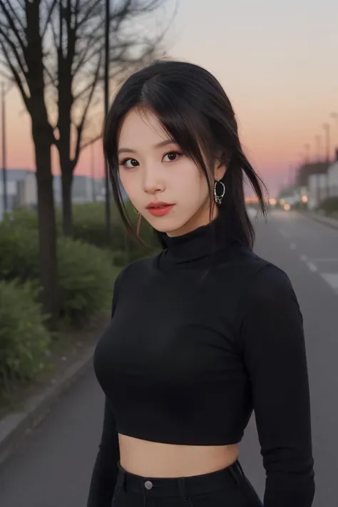 son1 a woman, (realistic), (hyperrealism), (photorealistic), depth of field, (upper body:1.2), (narrow waist), eye makeup, looking at the viewer, posing for a photo, black longsleeves, sunset, at the street, trees, <lora:httpsonchae:1:lbw=FACES>