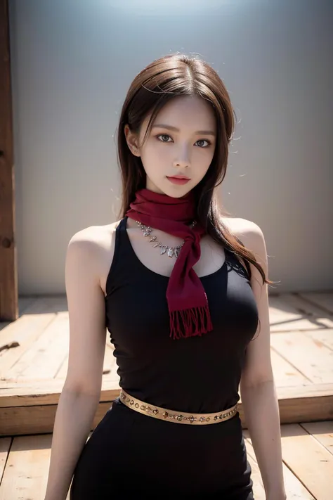 p masterpiece, best quality, ultra-detailed,  kaa, ((milf, mature face)), yellow eyes, black dress, bead necklace, sleeveless, bracelet, red scarf, <lora:kyouyama_anna_v1:0.7>, cowboy shot, volumetric lighting, intricate details, tonemapping, sharp focus, hyper detailed, trending on Artstation, <lora:koreandolllikenessV20_v20:0.3> <lora:ran:0.5> <lora:youA_koreandoll:0.3>