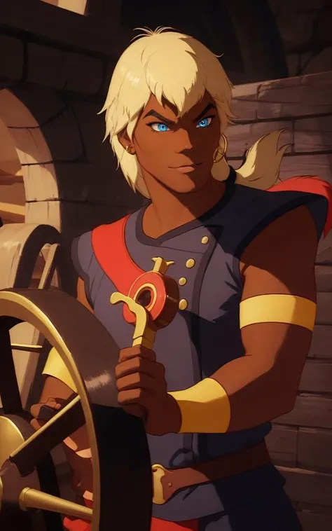 (((dark skin))), ren, man, a cartoon character with blonde low ponytail hair and purple outfit, blue eyes, golden armlets, golden earring on a left ear only, red boots, smiling, holding a medieval ship's steering wheel, 8k, Unreal Engine 5, octane render, by seunghee lee, Jang Tae-Hwan, Chocofing R, seungho lee, trending on pixiv, fanbox, skeb, masterpiece, smooth soft skin, big dreamy eyes, beautiful intricate colored hair, anime wide eyes, soft lighting, concept art, digital painting, <lora:ren:0.7>,
