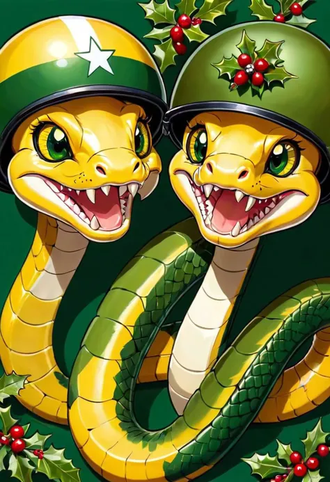 Two cartoon snakes with army helmets and big smiles, anime eyes, ((((yellow and green stripes)))), from above, among mistletoe and holly berries, star insignia on helmet, mistletoe mercenaries