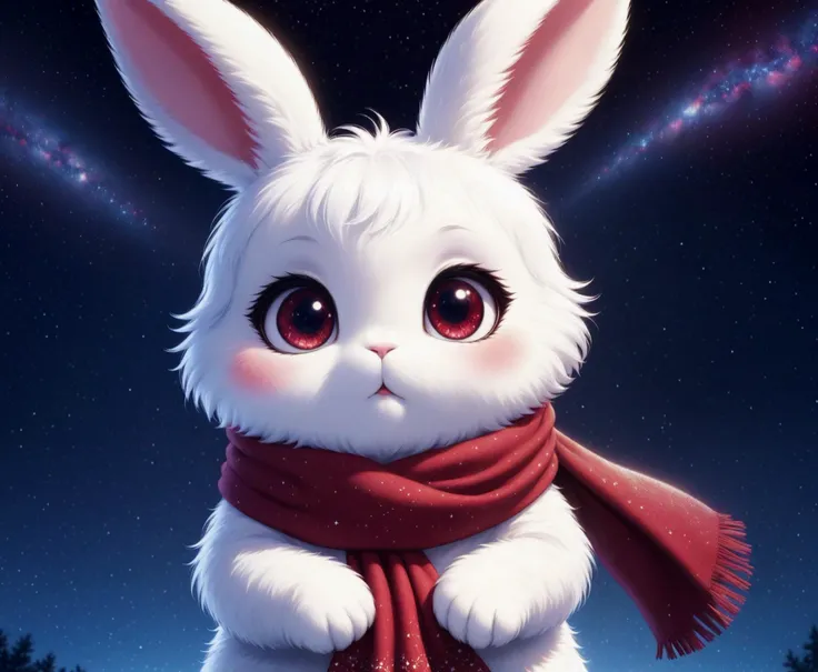 a cute fluffy bunny with big sparkly eyes, wearing a red scarf, starry sky in the background, anime, <lora:LCM_LoRA_Weights:0.8>