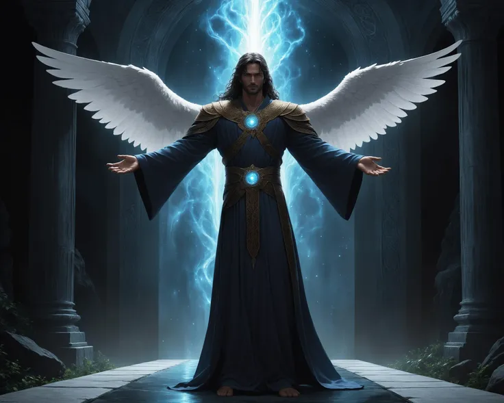 In the realm of dreams, a man figure stands tall. Dressed in long, flowing robes, his silhouette glows with an otherworldly radiance. Wings of pure energy extend, rippling in the air as he moves gracefully through the darkness. His eyes shine with ancient wisdom, his gaze fixed on some far-off horizon. He is a being of immense power and knowledge, a guardian of lost secrets, a conduit between worlds. As he spreads his arms wide, the fabric of reality trembles before him, opening up new possibilities, new perspectives, new understandings.