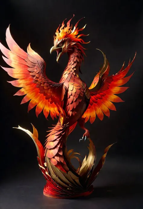 ANIMAL,
FIRE,
MYTHICAL,
BIRD,
CREATURE,
PHOENIX,
A photo of an accordion-fold phoenix sculpture, made from radiant red and orange paper. The phoenix is poised to take flight, with wings spread wide and flames trailing behind. Displayed against a muted black background, golden proportions, Fibonacci sequence. Taken on: Studio photography, Sony Alpha a6400, f/2.0, 1/100s, ISO 90.