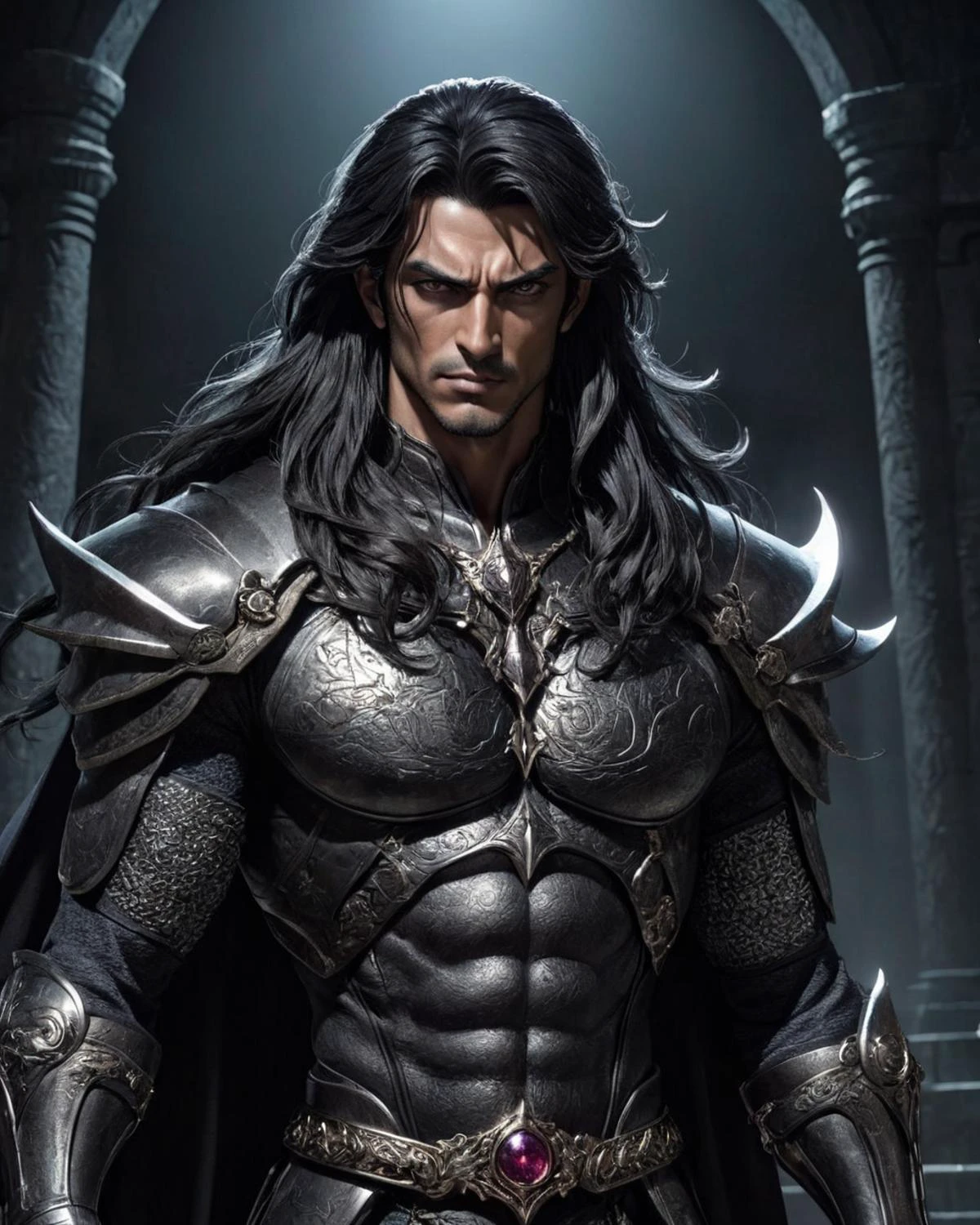 Darkalfa stands tall and proud, his muscular frame clad in shimmering armor that gleams in the dim light. His long hair flows freely behind him, framing his stern features as he surveys his surroundings with a fierce gaze. He carries himself with an air of confidence and determination, emanating an unwavering strength that inspires fear in those who dare cross his path. Despite the darkness that envelops him, there is no doubt that Darkalfa is a force to be reckoned with, and anyone foolish enough to underestimate him does so at their peril BREAK promotional art, official art, detailed anime