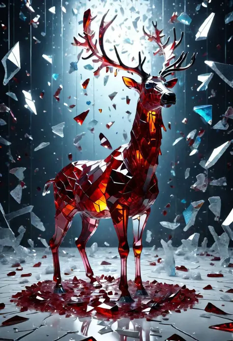 A glittering and dreamlike photorealistic digital render, A crystalline reindeer made of pieces of broken glass, puddle of blood, echer room, Made_of_pieces_broken_glass, transparent glass, shards, pieces of glass, surreal, sinister, hyperdetailed, glittering eyes, 32k, complex and razor-sharp background with dynamic lighting, a masterpiece