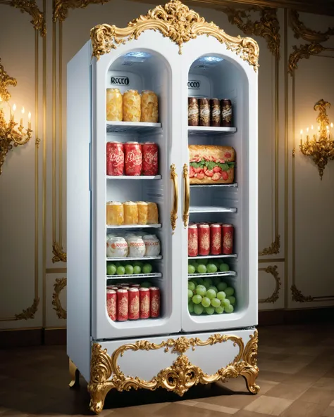 rococo refrigirator, high quality product photo, catalogue, promotional material, ornate, over the top