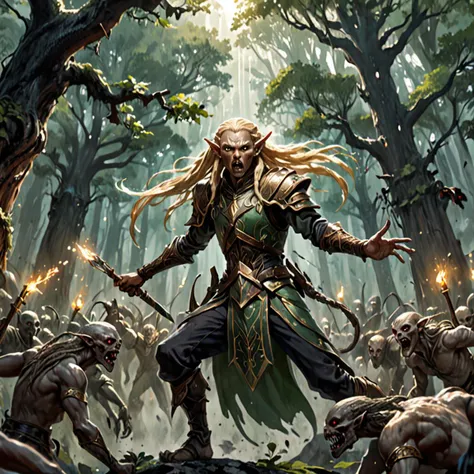 Action scene, dynamic pose, firm stance, combat stance,
Focus on (Necromancer Raising an army of undead to do their bidding, Prodigy, Average Height, Lean, Round Face, Dark Skin, Golden Blonde Hair, brown Eyes, Narrow Nose, Pouty Lips, Receding Chin, French Fork, Very Long, Dreadlocks, A lush elven forest, filled with towering trees and sparkling streams) fighting (Chimera),
In a vast library in the clouds, where every book contains a different universe,
