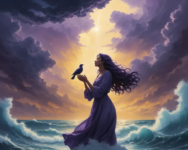 An ethereal figure stands amidst a tempestuous sea of clouds, hair billowing wildly as they sing with their eyes closed, lost in the music that courses through them. Their voice lifts and carries them forward, defying the tumultuous weather around them. Stormy blue and purple hues fill the background, contrasted against the warm yellow light that emanates from the central figure. Behind them, a silhouette of a person holding a bird, symbolizing the farewell and freedom sought after. The overall mood is one of bittersweet longing, but also hope and determination as the character moves forward, guided by the gales of song.