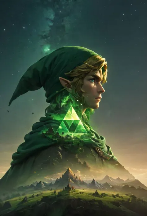 sideview, Capture the essence of Hyrule's destiny in a single triforce frame: Illustrate Link, adorned in his iconic green bonnet, his expression serious and determined. Envelop him in the mystique of a double exposure, seamlessly blending the heros hat with the sprawling landscapes of Hyrule. Convey the weight of his quest, the echoes of ancient prophecies, and the legacy he carries as the guardian of Hyrule's fate.
very detailed, hd, RAW photograph, masterpiece, top quality, best quality, official art,highest detailed, atmospheric lighting, cinematic composition, complex multiple subjects, 4k HDR, vibrant, highly detailed, Leica Q2 with Summilux 35mm f/1.2 ASPH, Ultra High Resolution, wallpaper, 8K, Rich texture details, hyper detailed, detailed eyes, detailed background, dramatic angle, epic composition, high quality , (8k, RAW photo, highest quality), hyperrealistic,