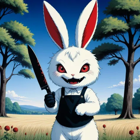 antromorphic fluffy bunny with red eyes holding a knife, standing in a field surrounded by trees, demonic smile, lineart junji ito, <lora:LCM_LoRA_Weights:0.8>