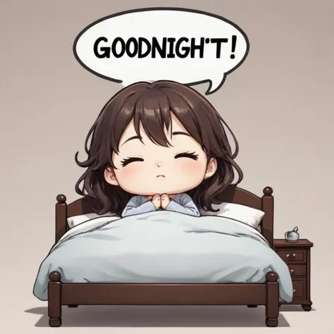 chibi with a saying "goodnight everyone", speech balloon, sleepy closed eyes, bed