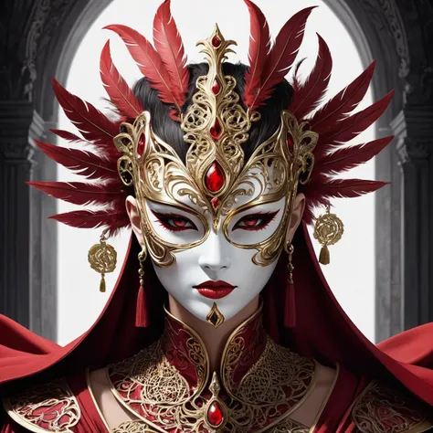 The character is shrouded in mystery and symbolism, representing the duality between light and dark, good and evil. Their appearance reflects the struggle between these forces within themselves, as well as the world around them.
The main focal point of the design is the mask, which represents deception and manipulation. The eyes are hidden behind a veil of feathers, giving the impression of someone who hides their true intentions. The intricate patterns on the mask also represent the complexities of life and the choices we make.
The overall design features a mix of organic and geometric shapes, creating a contrast between chaos and order. This further emphasizes the internal conflict experienced by the character. The red robes signify passion, anger, and intensity, while the white cape represents purity and protection.,