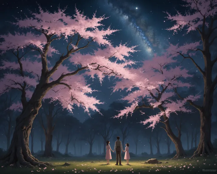 a tranquil forest clearing, where a beautiful cherry blossom tree stands tall under a star-filled sky. The branches are heavy with delicate pink petals that sway gently in the breeze, casting a soft glow upon the surrounding landscape. The air is thick with the sweet fragrance of flowers, and the sound of crickets chirping fills the silence. In the center of the frame, two figures stand arm in arm, gazing up at the tree with wonder and appreciation. Their faces are illuminated by the warm light of a nearby lantern, adding to the cozy atmosphere. Behind them, the dark silhouettes of more trees rise up against the starry backdrop, creating a sense of depth and mystery.